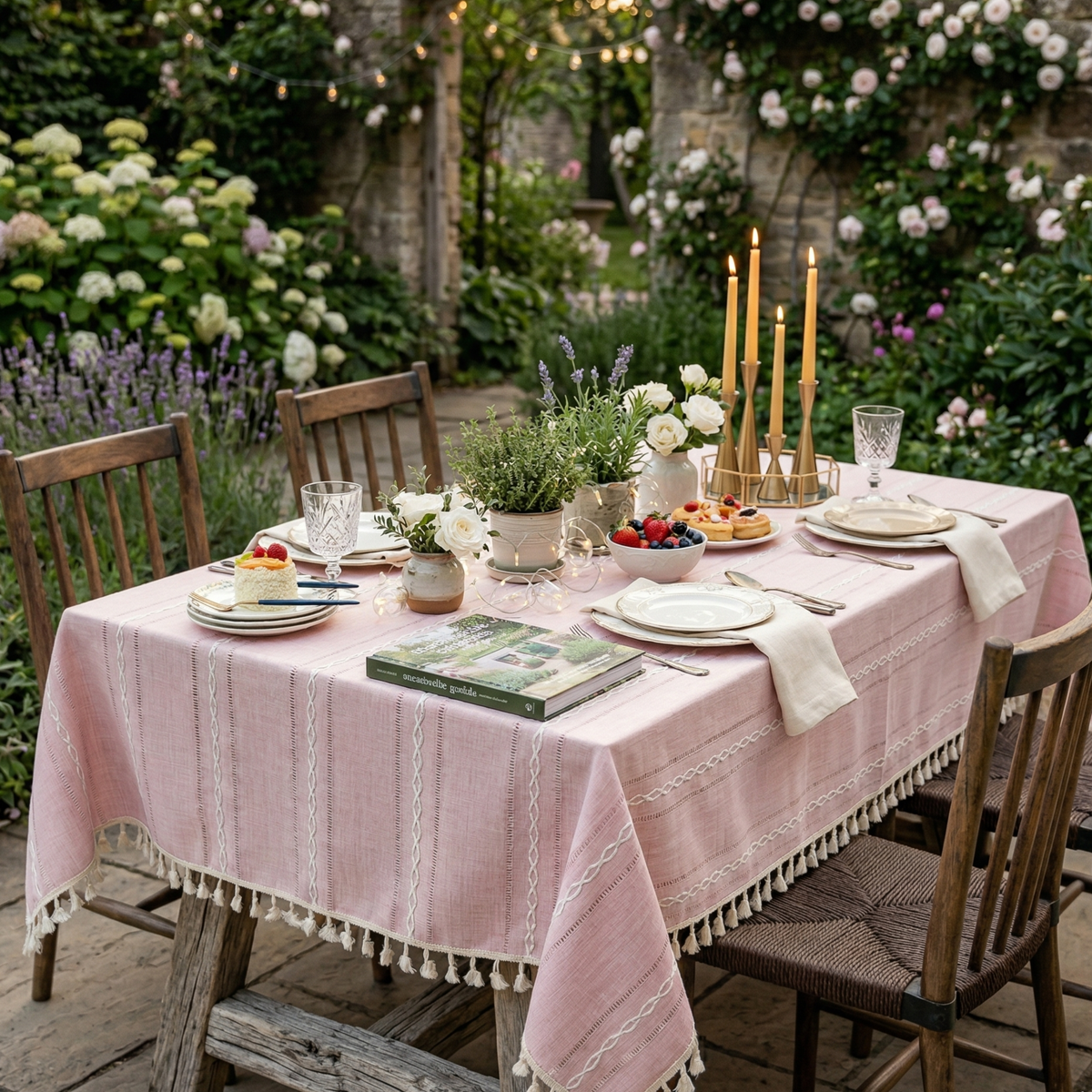 Rustic Cotton-Linen Tablecloth with Embroidered Stripe Pattern