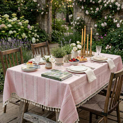 Rustic Cotton-Linen Tablecloth with Embroidered Stripe Pattern