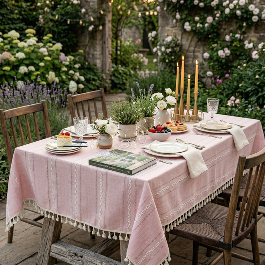 Rustic Cotton-Linen Tablecloth with Embroidered Stripe Pattern