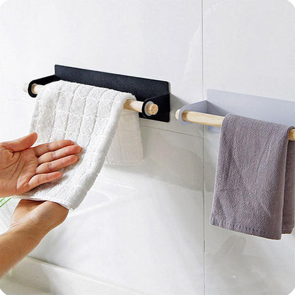 Self-Adhesive Towel Holder with Wooden Bar for Kitchen and Bathroom