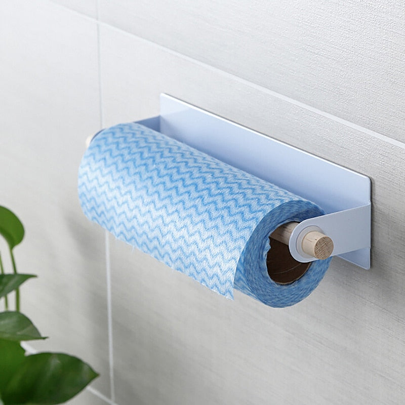 Self-Adhesive Towel Holder with Wooden Bar for Kitchen and Bathroom