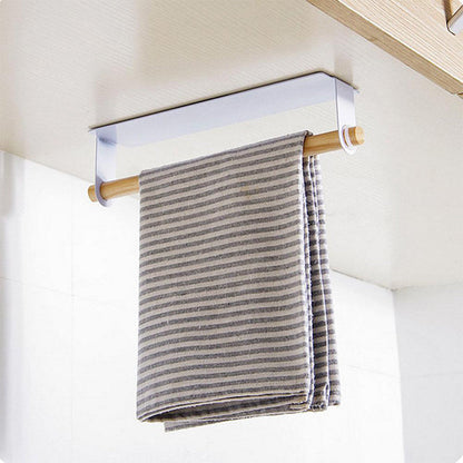 Self-Adhesive Towel Holder with Wooden Bar for Kitchen and Bathroom