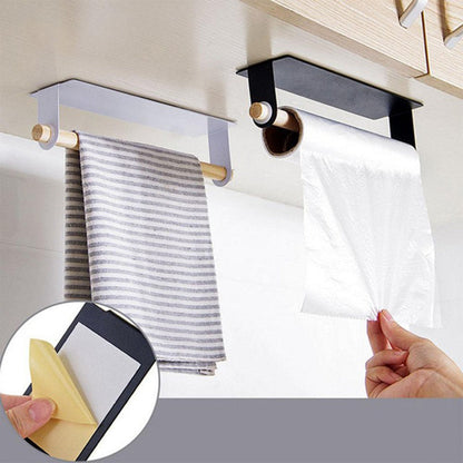 Self-Adhesive Towel Holder with Wooden Bar for Kitchen and Bathroom