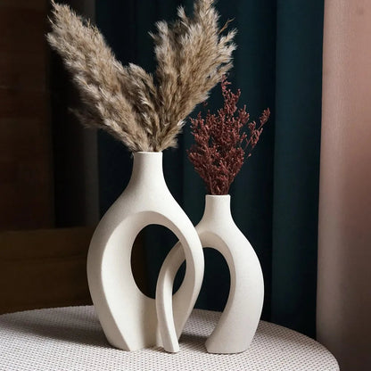 Set of 2 Minimalist Ceramic Vases with Matte Beige Finish