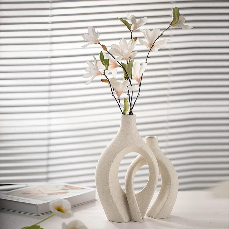 Set of 2 Minimalist Ceramic Vases with Matte Beige Finish