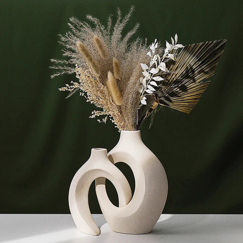 Set of 2 Minimalist Ceramic Vases with Matte Beige Finish
