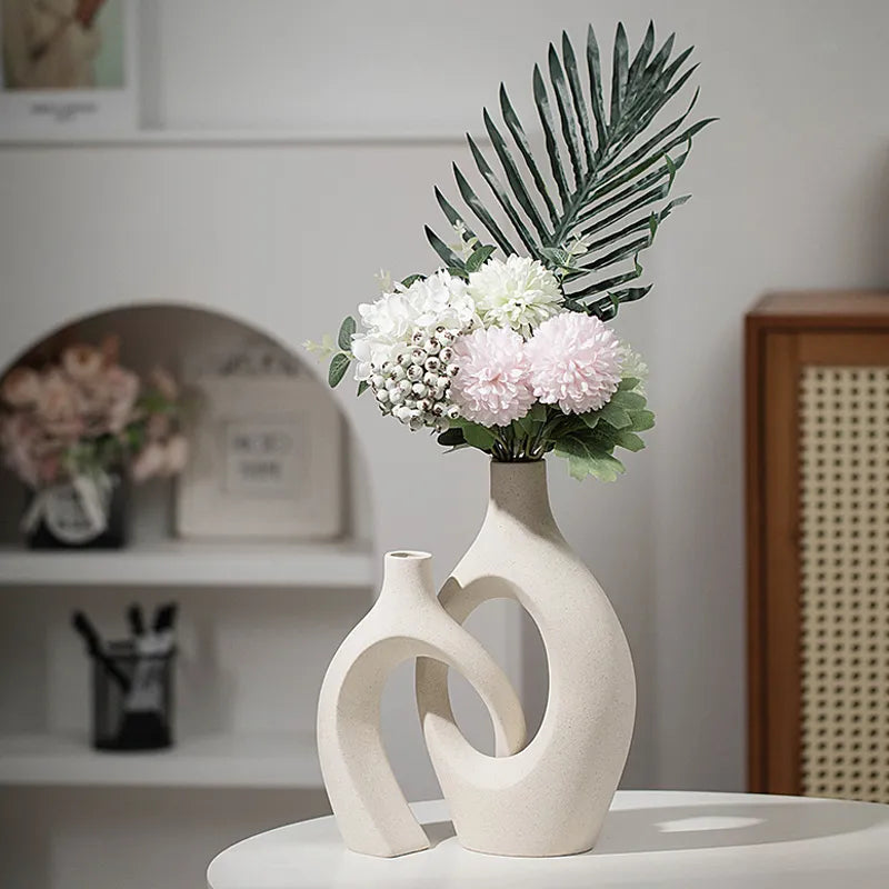 Set of 2 Minimalist Ceramic Vases with Matte Beige Finish