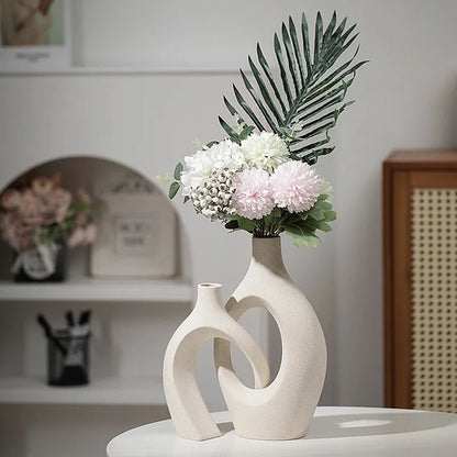 Set of 2 Minimalist Ceramic Vases with Matte Beige Finish