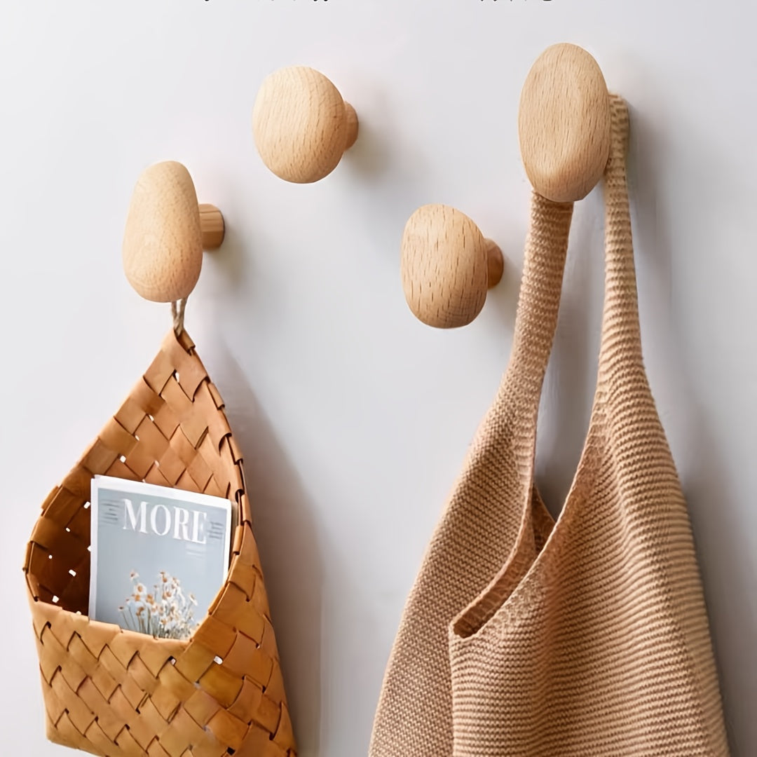 Set of 4 Organic Wooden Wall Hooks with Smooth Matte Finish