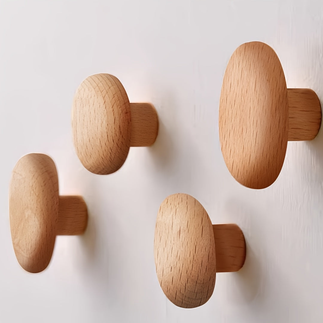 Set of 4 Organic Wooden Wall Hooks with Smooth Matte Finish