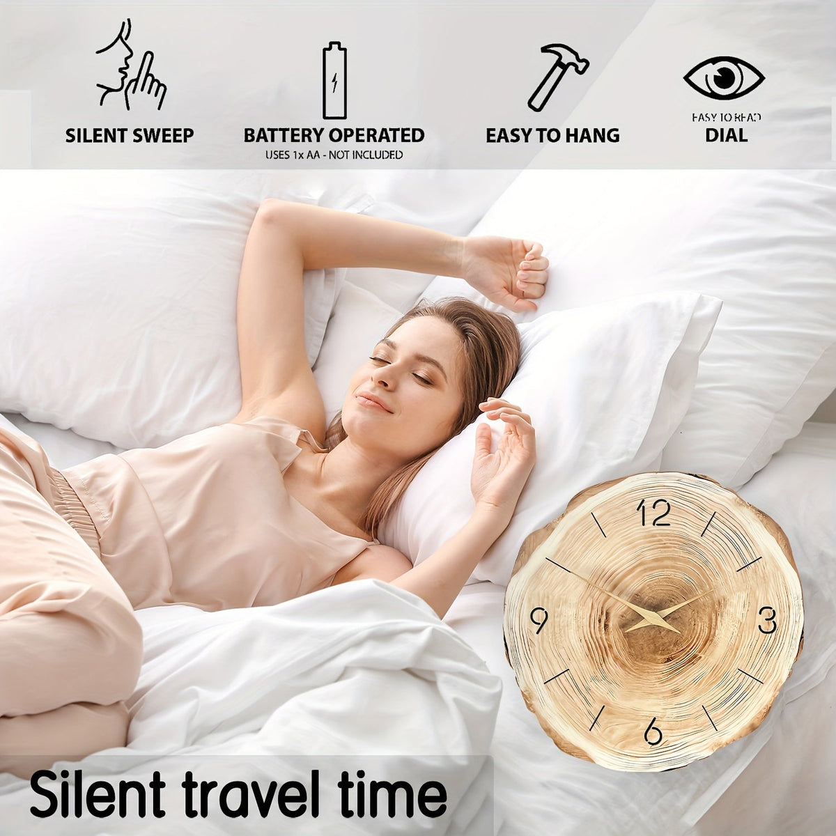 Silent Wooden Wall Clock with Realistic Natural Texture
