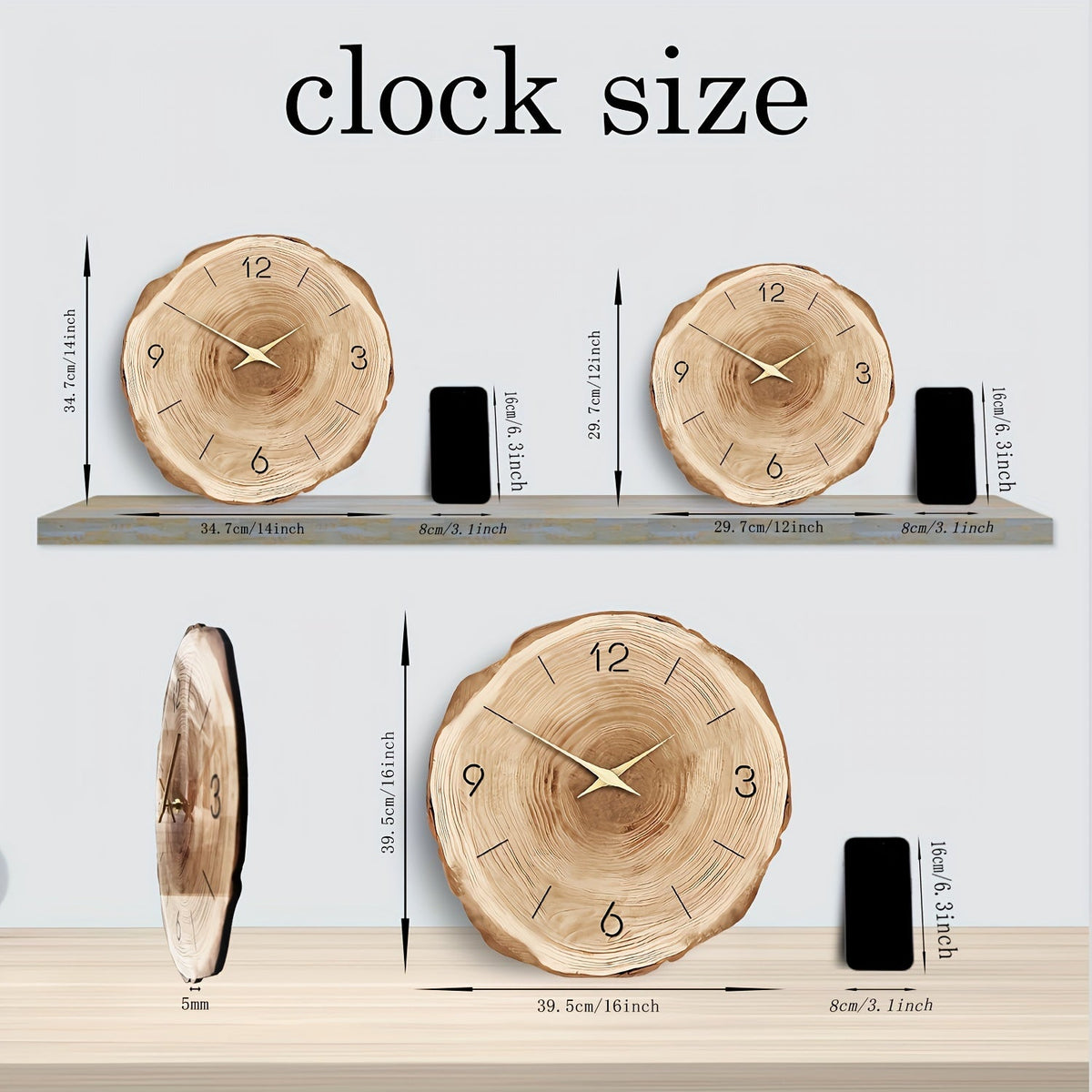 Silent Wooden Wall Clock with Realistic Natural Texture