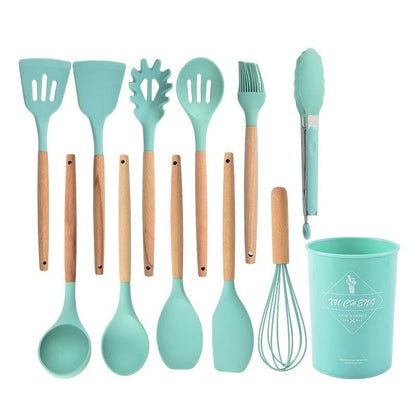 Silicone Kitchen Utensil Set with Wooden Handles and Heat-Resistant Heads