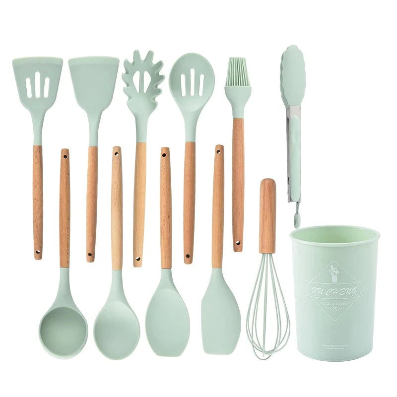 Silicone Kitchen Utensil Set with Wooden Handles and Heat-Resistant Heads