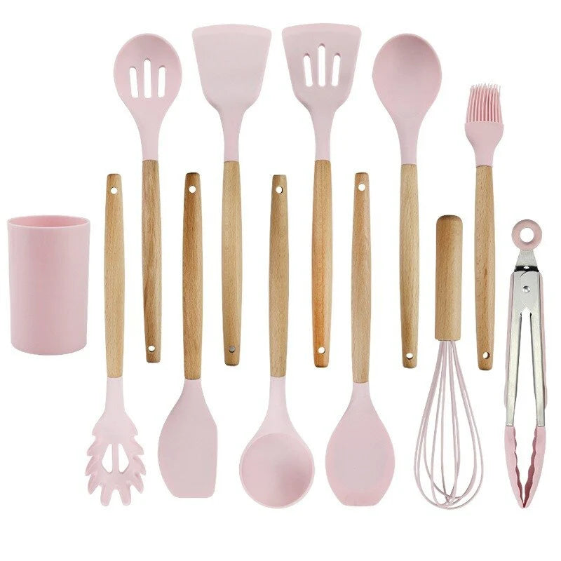 Silicone Kitchen Utensil Set with Wooden Handles and Heat-Resistant Heads