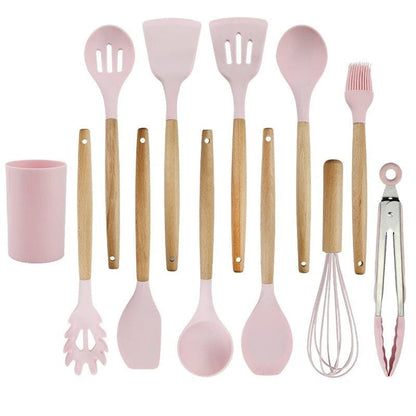 Silicone Kitchen Utensil Set with Wooden Handles and Heat-Resistant Heads