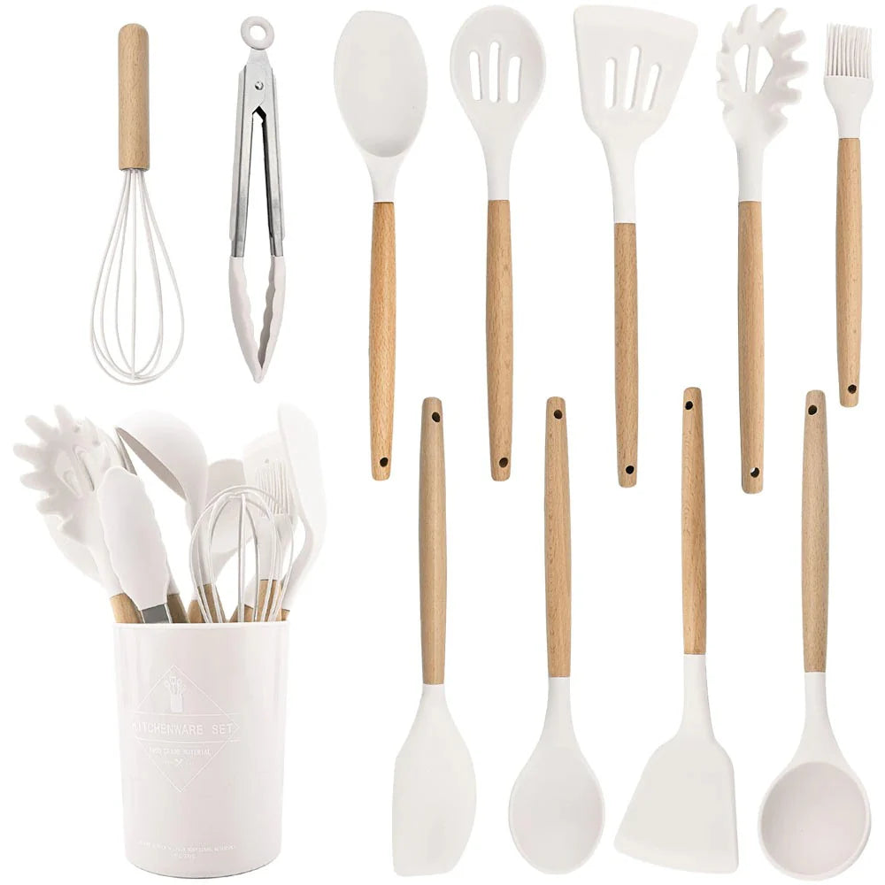 Silicone Kitchen Utensil Set with Wooden Handles and Heat-Resistant Heads