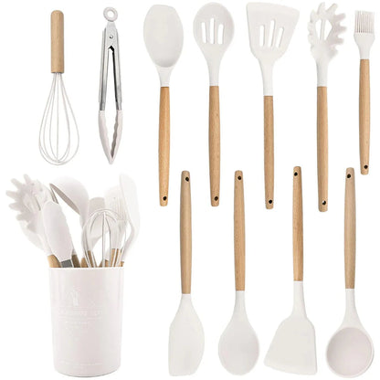 Silicone Kitchen Utensil Set with Wooden Handles and Heat-Resistant Heads