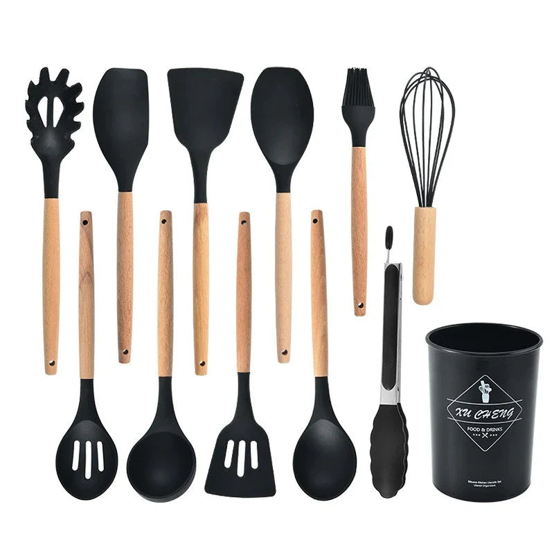 Silicone Kitchen Utensil Set with Wooden Handles and Heat-Resistant Heads