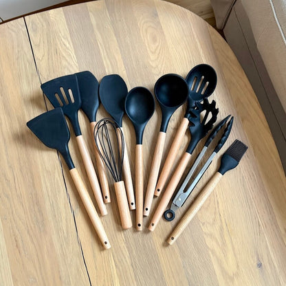 Silicone Kitchen Utensil Set with Wooden Handles and Heat-Resistant Heads
