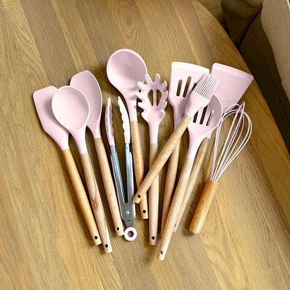 Silicone Kitchen Utensil Set with Wooden Handles and Heat-Resistant Heads
