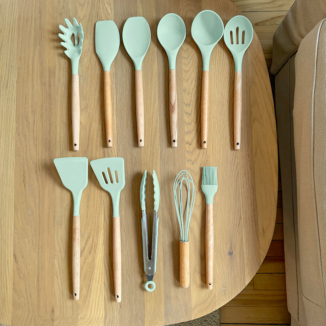 Silicone Kitchen Utensil Set with Wooden Handles and Heat-Resistant Heads