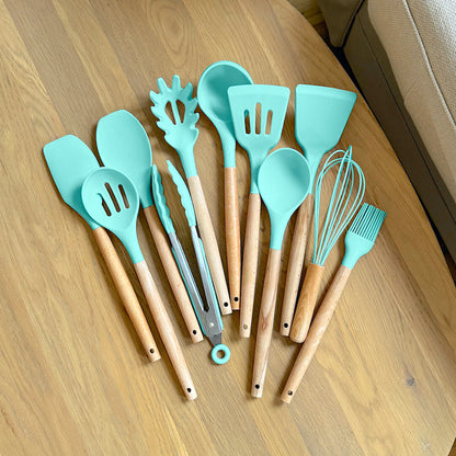Silicone Kitchen Utensil Set with Wooden Handles and Heat-Resistant Heads