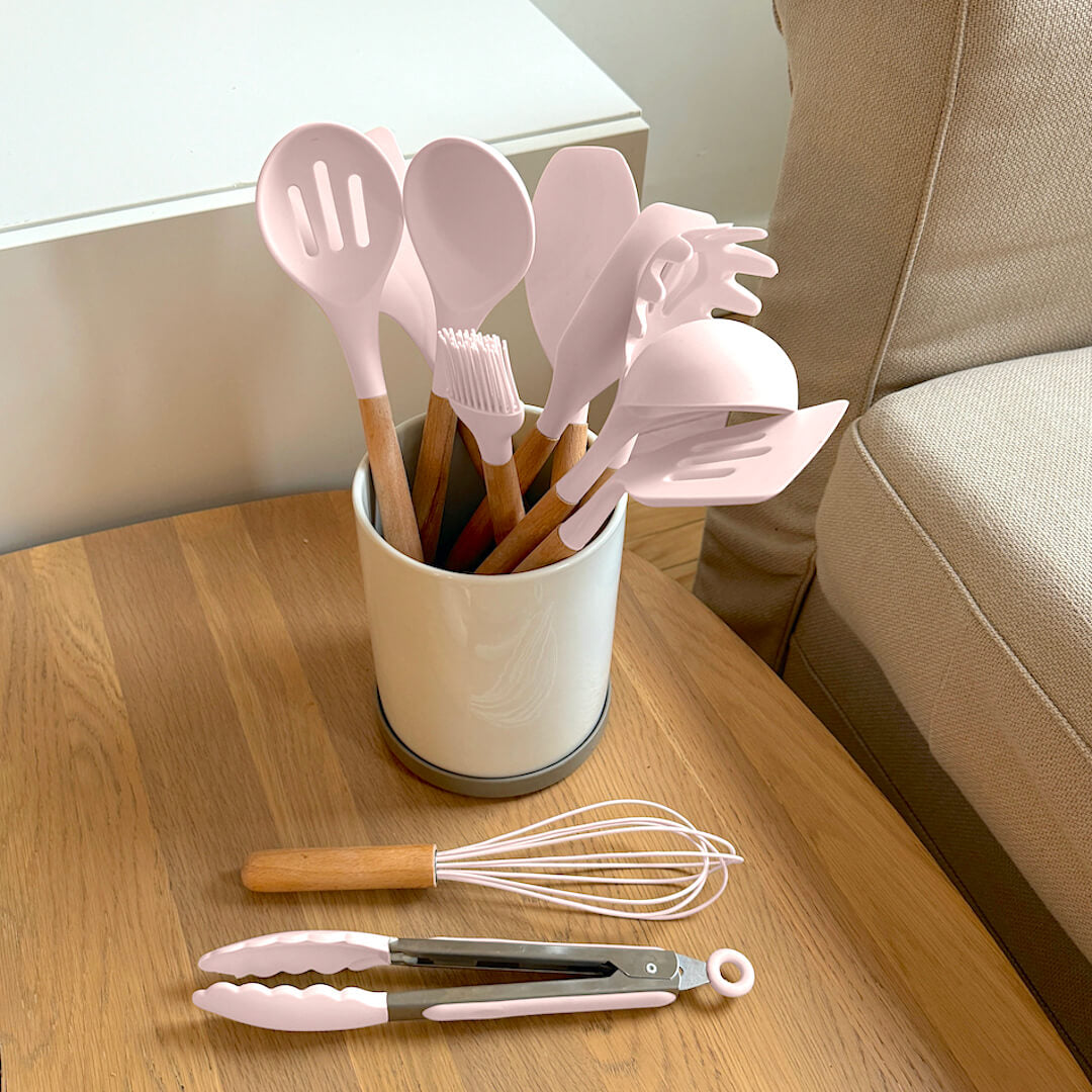 Silicone Kitchen Utensil Set with Wooden Handles and Heat-Resistant Heads