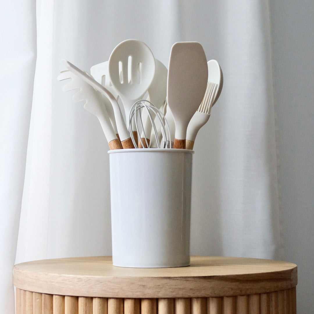 Silicone Kitchen Utensil Set with Wooden Handles and Heat-Resistant Heads