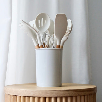 Silicone Kitchen Utensil Set with Wooden Handles and Heat-Resistant Heads