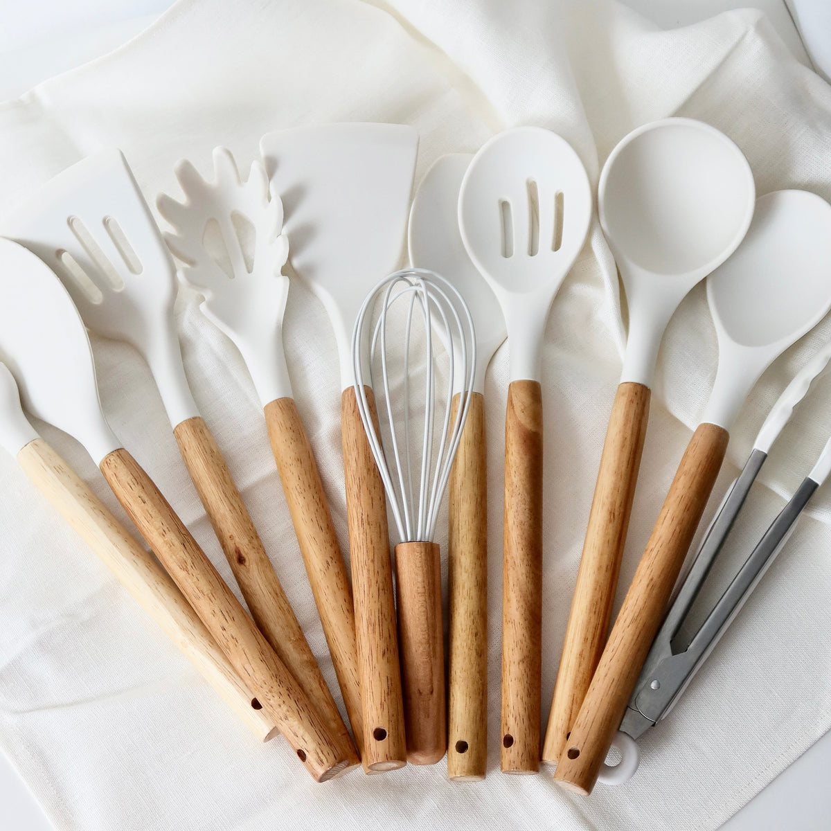 Silicone Kitchen Utensil Set with Wooden Handles and Heat-Resistant Heads