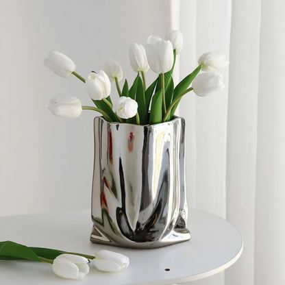Silver Ceramic Sculptural Vase with Flowing Design and Mirror Chrome Finish