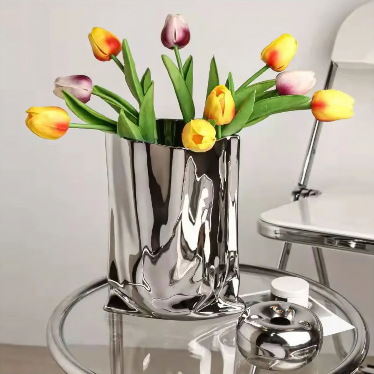 Silver Ceramic Sculptural Vase with Flowing Design and Mirror Chrome Finish