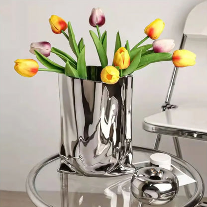 Silver Ceramic Sculptural Vase with Flowing Design and Mirror Chrome Finish