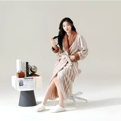 Soft Fleece Bathrobe with Sherpa Trim, Waist Tie and Front Pocket