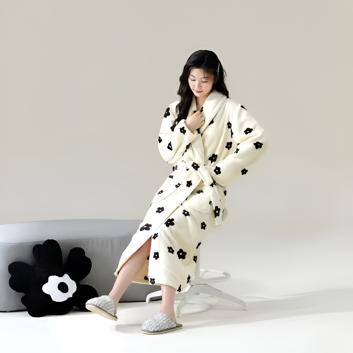 Soft Fleece Bathrobe with Sherpa Trim, Waist Tie and Front Pocket