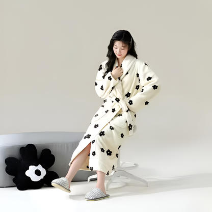 Soft Fleece Bathrobe with Sherpa Trim, Waist Tie and Front Pocket