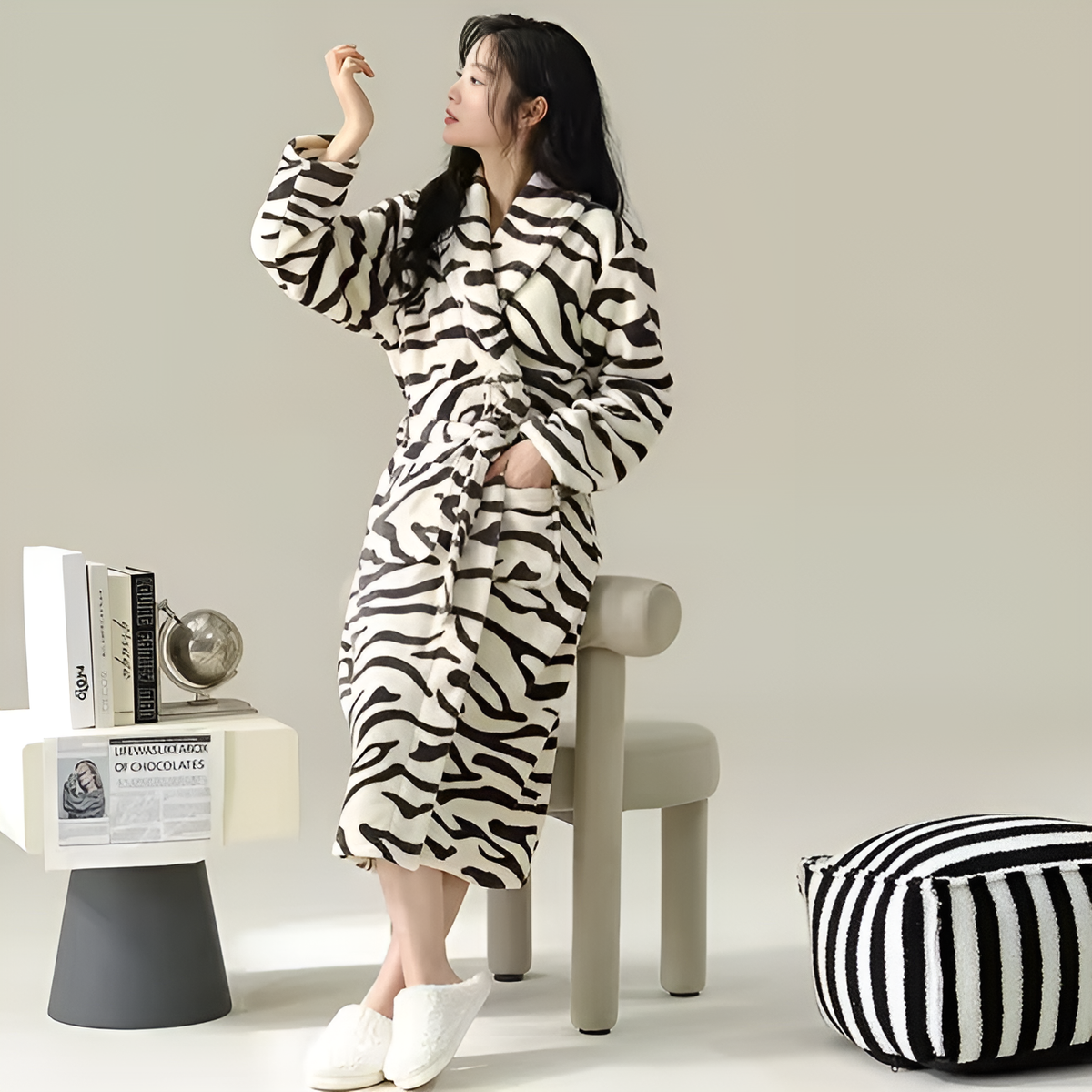 Soft Fleece Bathrobe with Sherpa Trim, Waist Tie and Front Pocket