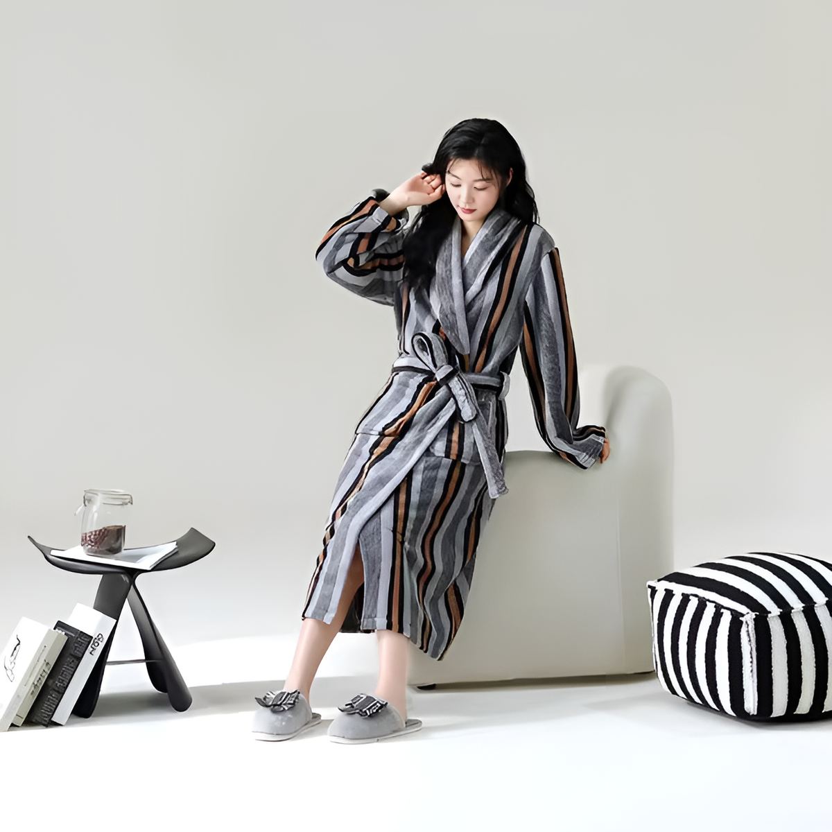 Soft Fleece Bathrobe with Sherpa Trim, Waist Tie and Front Pocket