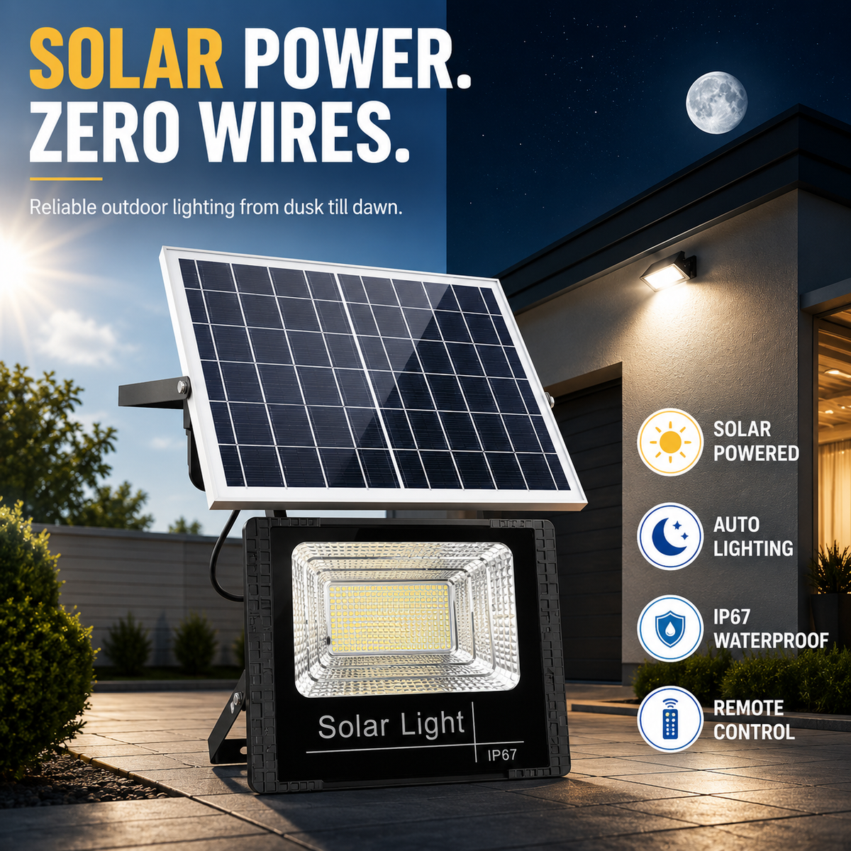 Solar Powered Outdoor LED Flood Light with Remote Control and Adjustable Mount