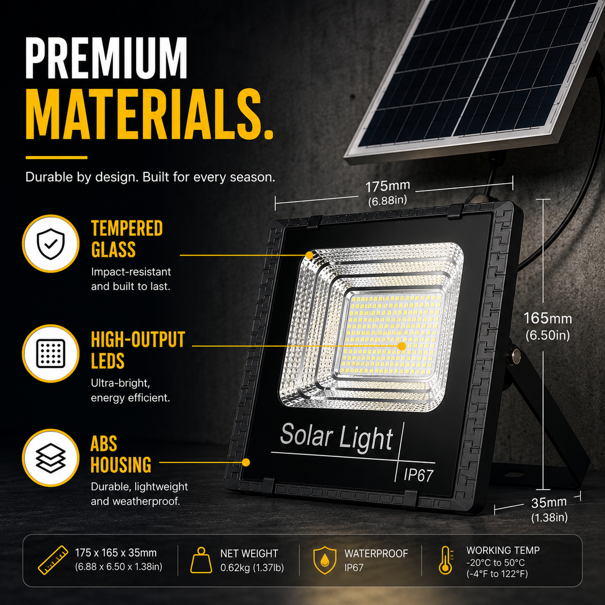 Solar Powered Outdoor LED Flood Light with Remote Control and Adjustable Mount