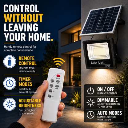 Solar Powered Outdoor LED Flood Light with Remote Control and Adjustable Mount