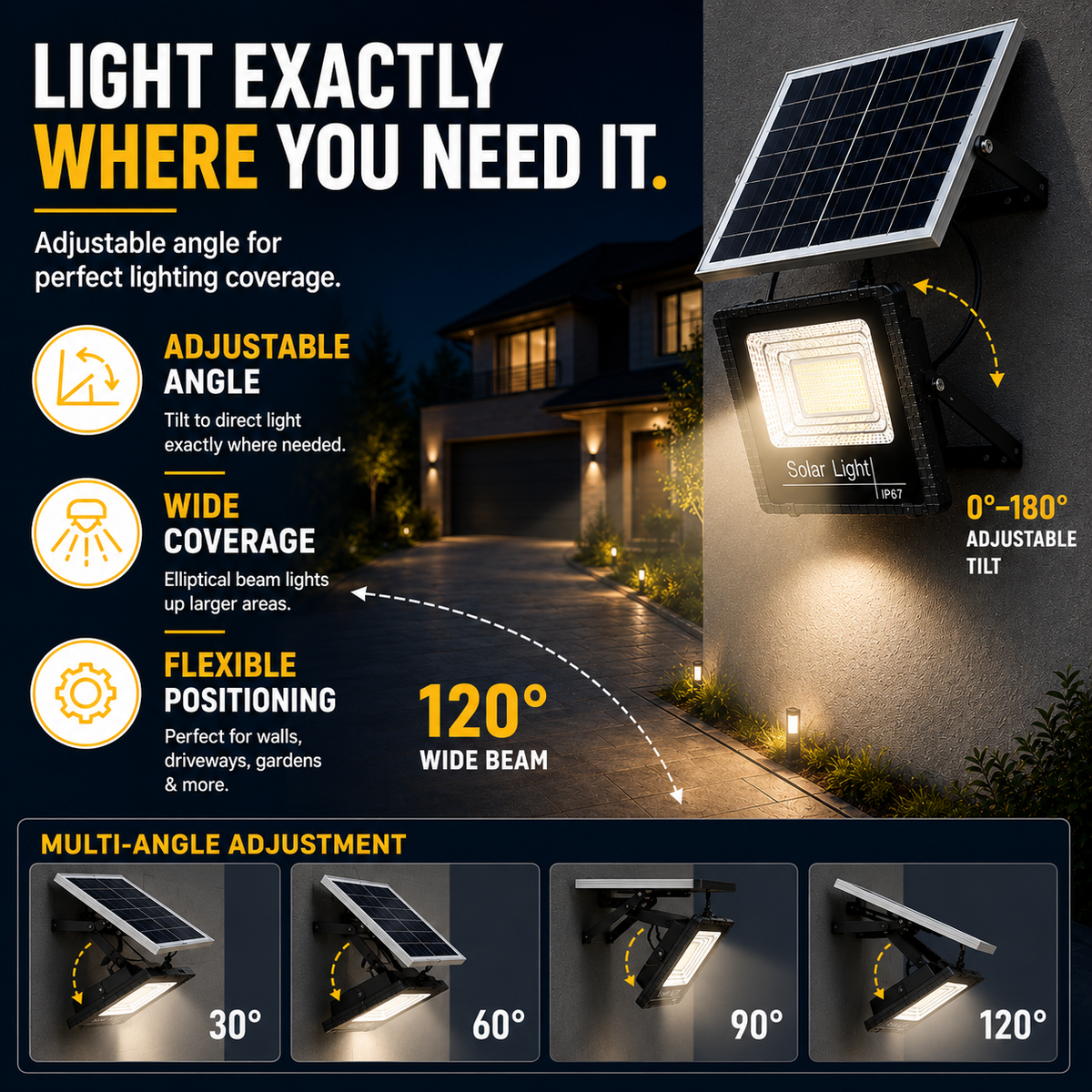 Solar Powered Outdoor LED Flood Light with Remote Control and Adjustable Mount