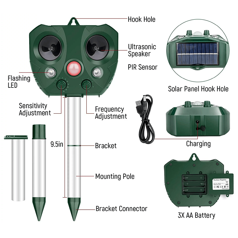 Solar Powered Ultrasonic Bird Repeller with Flashing LEDs and Adjustable Modes