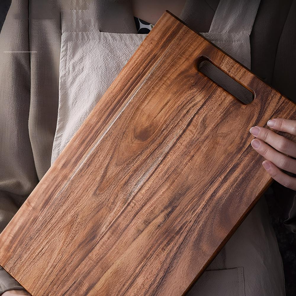 Solid Acacia Wood Cutting Board with Handle for Kitchen and Outdoor Use