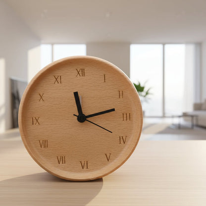Solid Beech Wood Alarm Clock with Analogue Display and Silent Movement