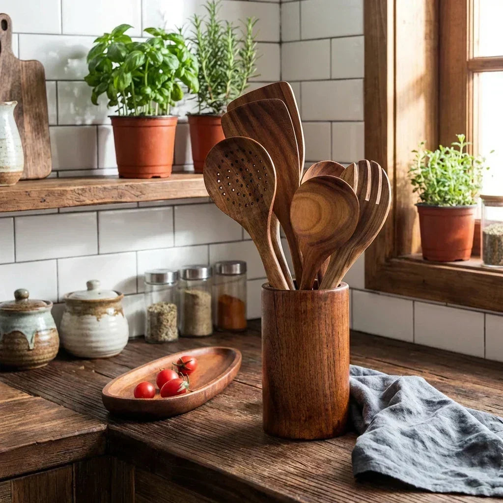 Solid Teak Kitchen Utensil Holder for Countertop Organization