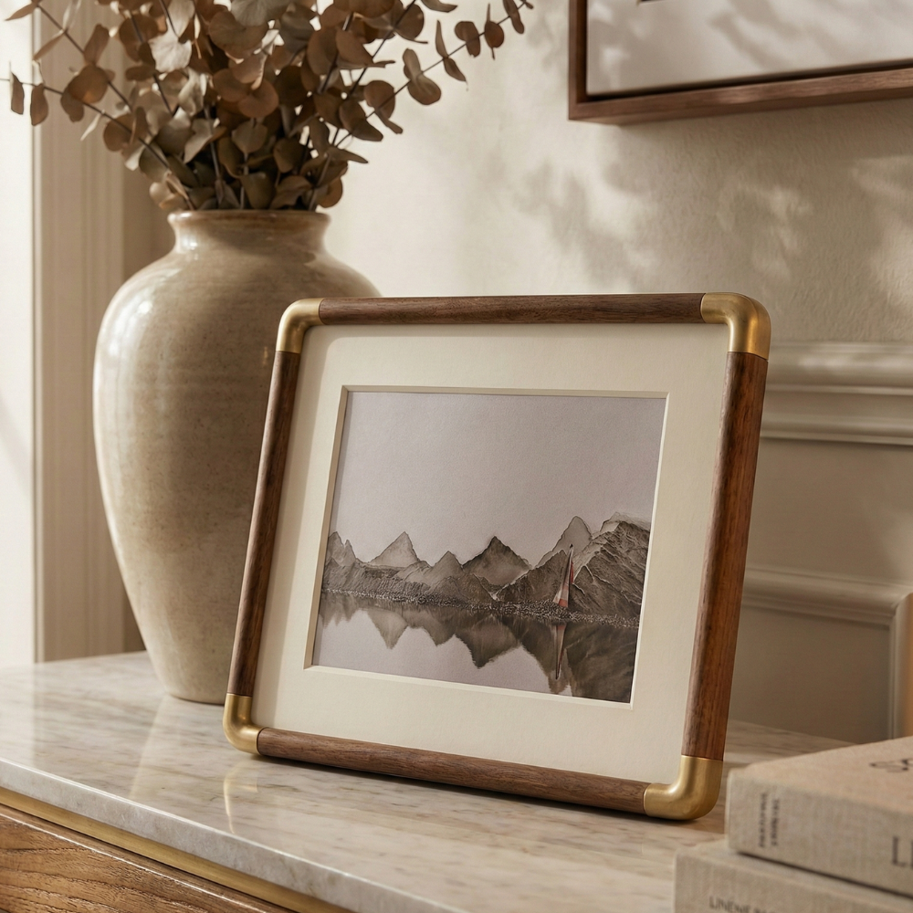Solid Wood Photo Frame with Gold Corner Hardware and Mount