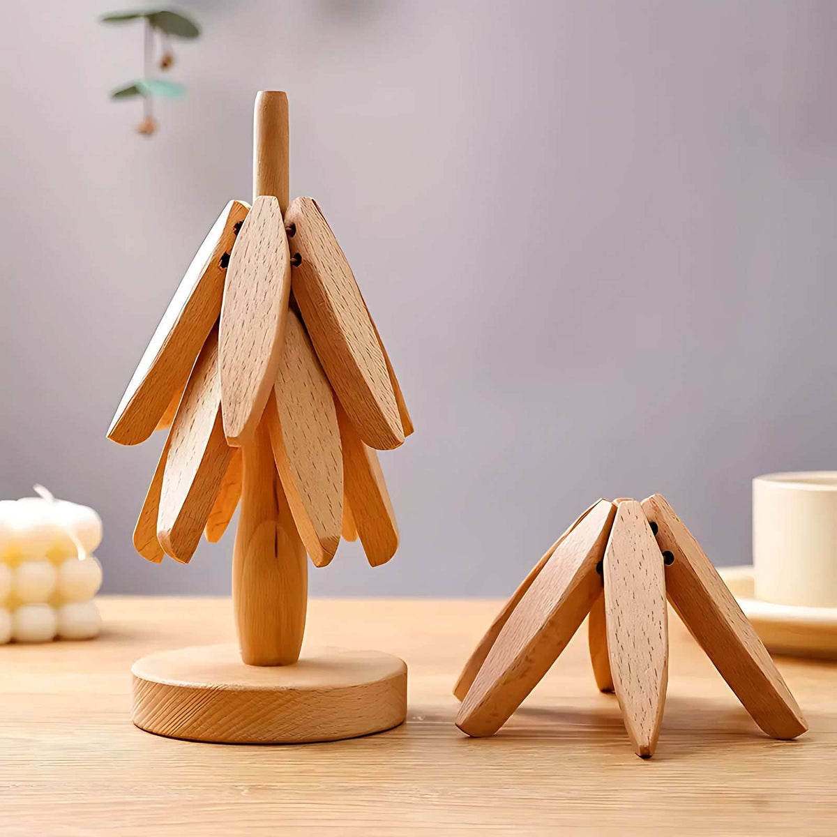 Solid Wood Tree-Shaped Coaster Set with Stackable Decorative Stand