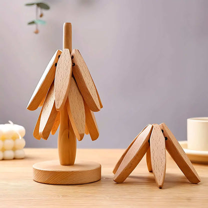 Solid Wood Tree-Shaped Coaster Set with Stackable Decorative Stand